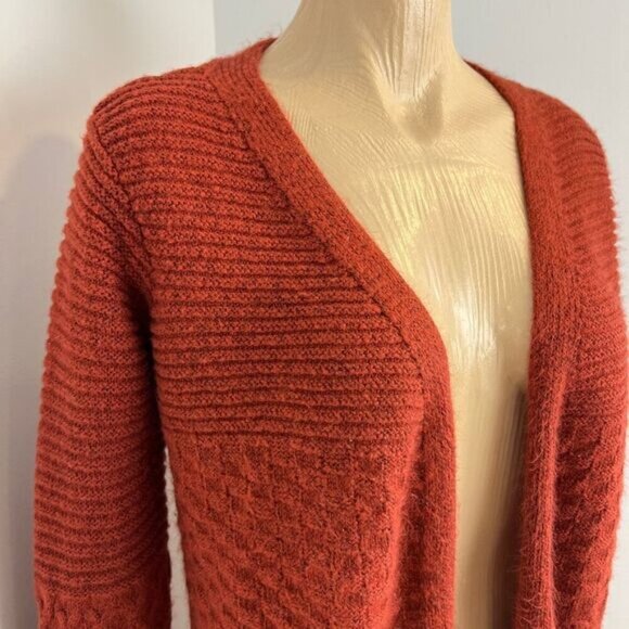 Kempson Womens Medium Burnt Orange Open Front Knit Acrylic Cardigan Sweater Boho - Picture 3 of 15